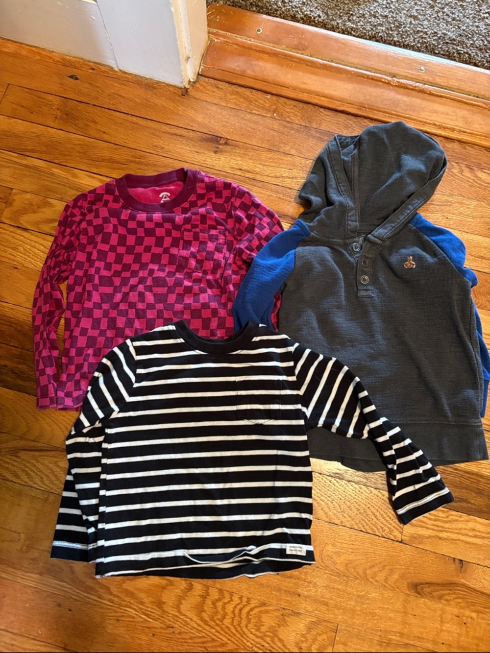 GAP Kids Mixed Tops Trio - Gray Hoodie, Black & White Stripe, Pink Checker